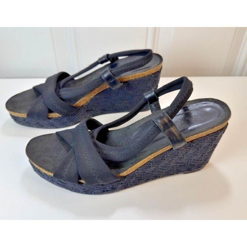 Donald J. Pliner Black Bowie Straw Wedge Sandals Shoes Women's Size 7.5M
